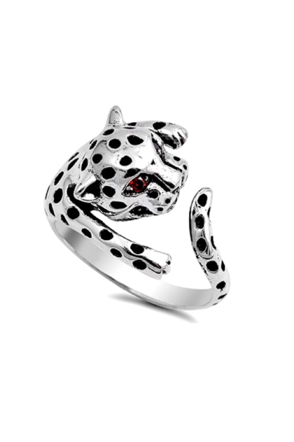 Angry Tiger With Simulated Garnet Eyes Cubic Zirconia Ring Sterling Silver 925