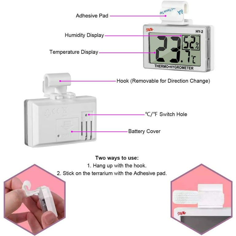LXSZRPH Reptile Thermometer Hygrometer with High Low Temperature Alarm Digital Aquarium Thermometer with Hook and Loop Temperature Humidity Meter