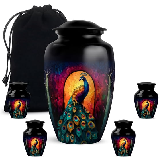 JAGASY Peacock Urns Set for Ashes Adult Male, Black Small Urns for Human Ashes keepsake, Tree Red & Yellow Decorative Urn for Parents, Large Cremation Urn for Mom & Dad, (1 Large, 10"; 4 Small, 3")