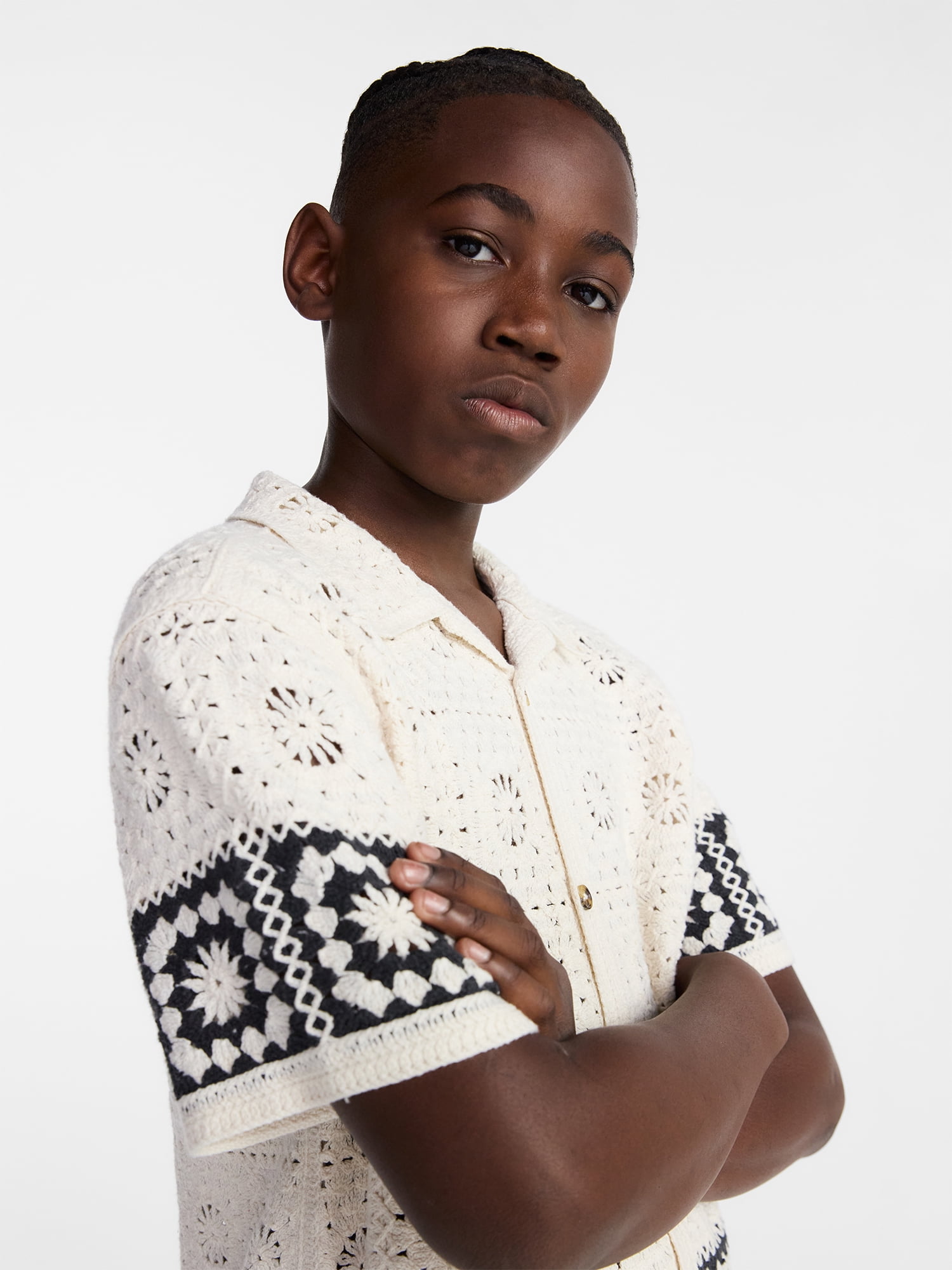 Weekend Academy Boys Crochet Button Shirt with Short Sleeves, Sizes 4-18
