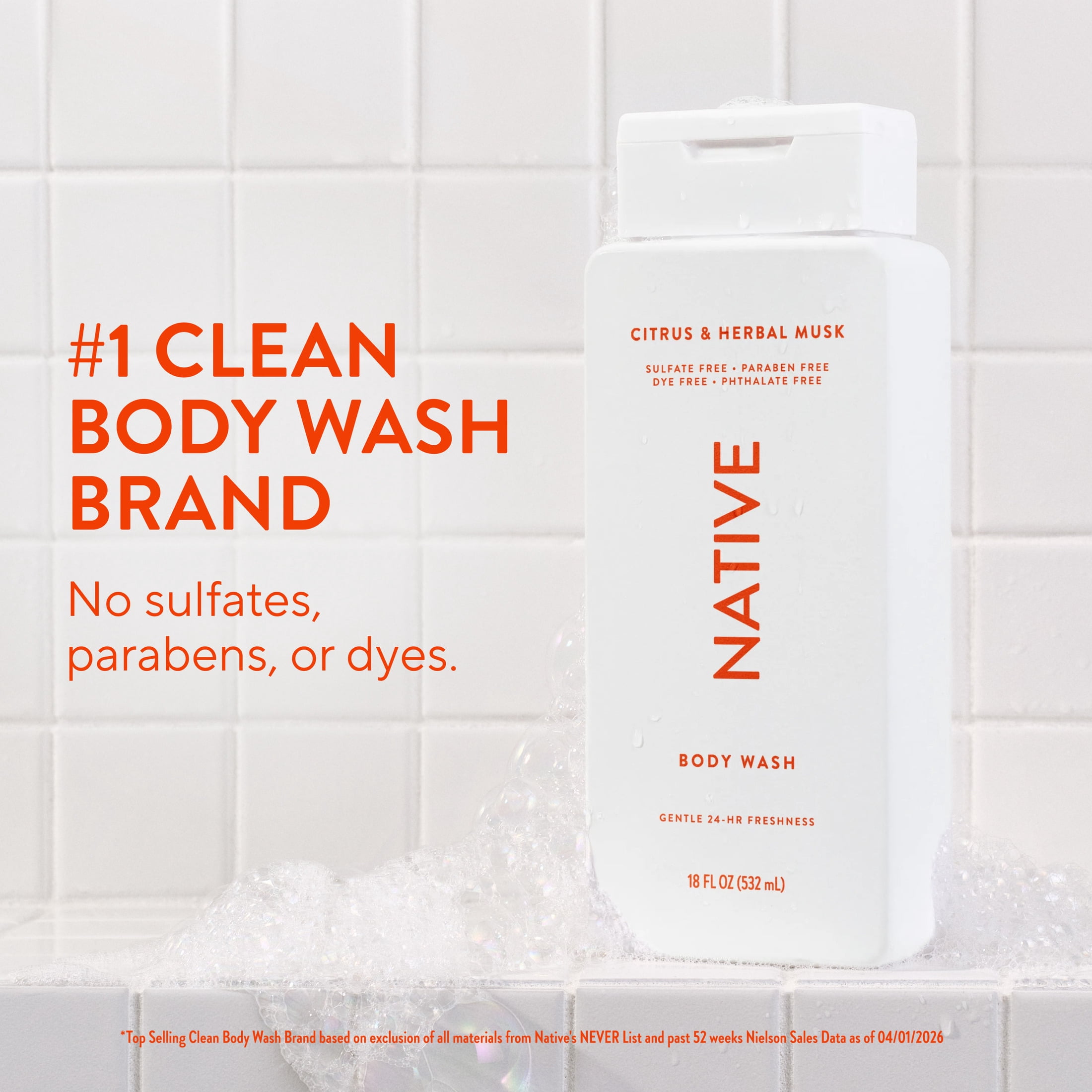 (6 pack) Native Body Wash, Sulfate Free, for Women & Men, Citrus & Herbal Musk, 18 fl oz