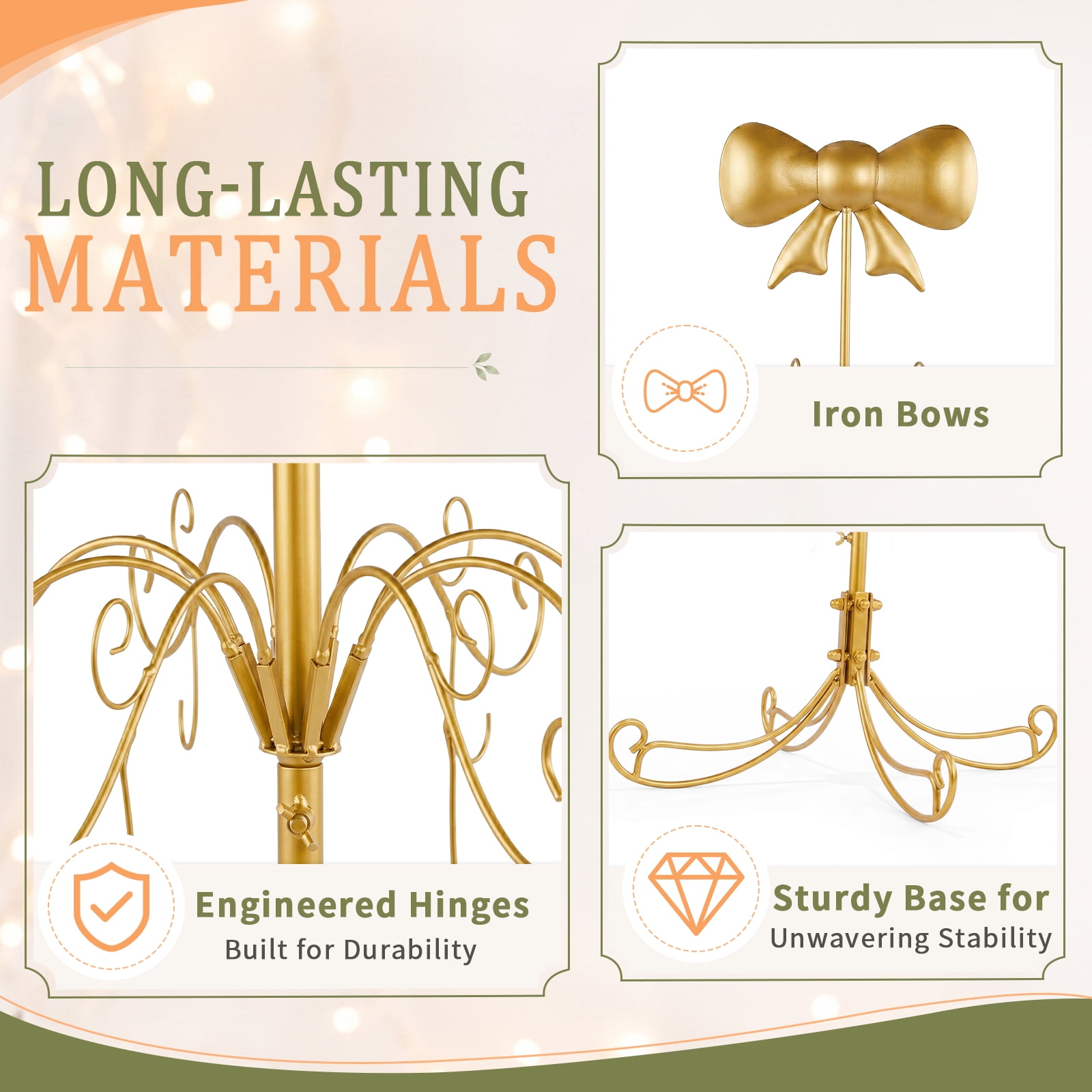 6ft Gold Iron Christmas Tree with Bow on Top, PVC Christmas Tree (No Accessories Included)