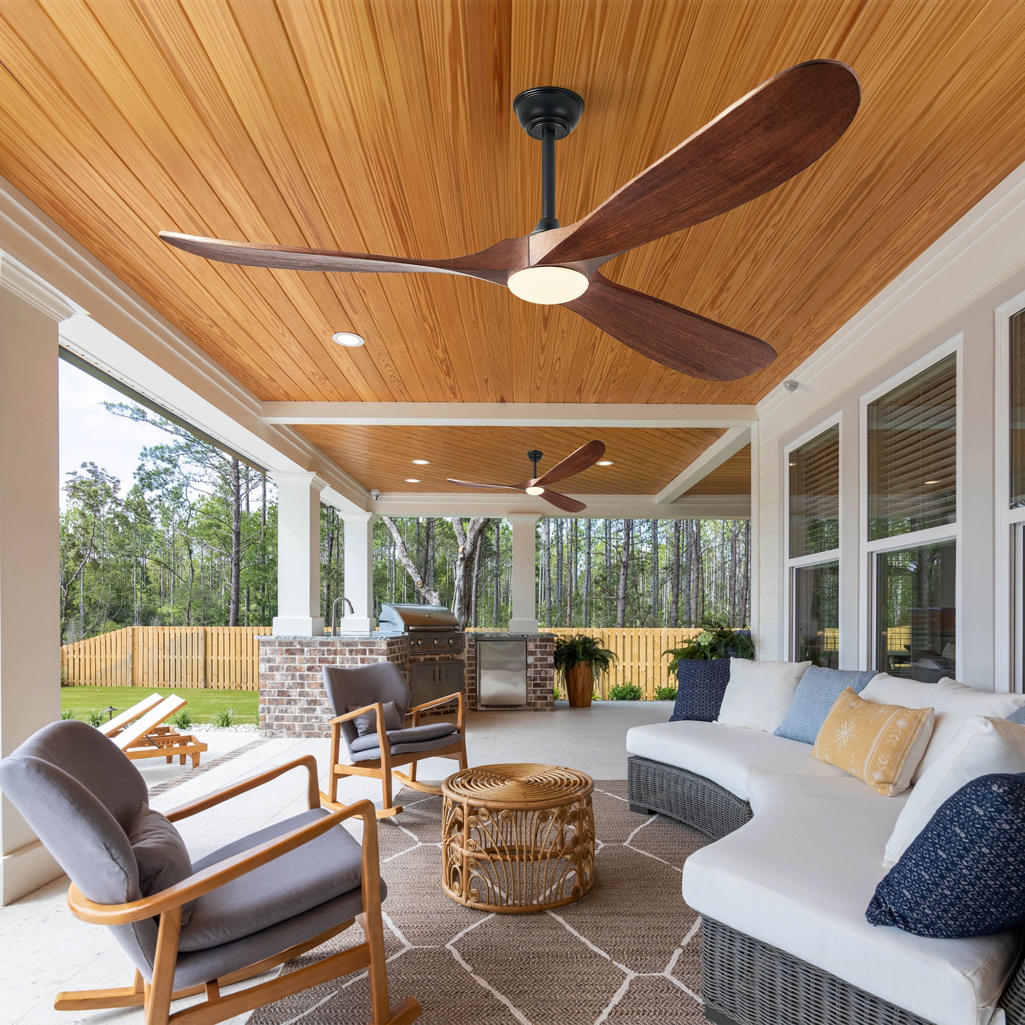 72" 3-Blade Ceiling Fan with Light & Remote – 6-Speed High CFM Quiet DC Motor, Solid Walnut Wood Blades, Indoor/Outdoor/Patio (Coastal/Farmhouse)