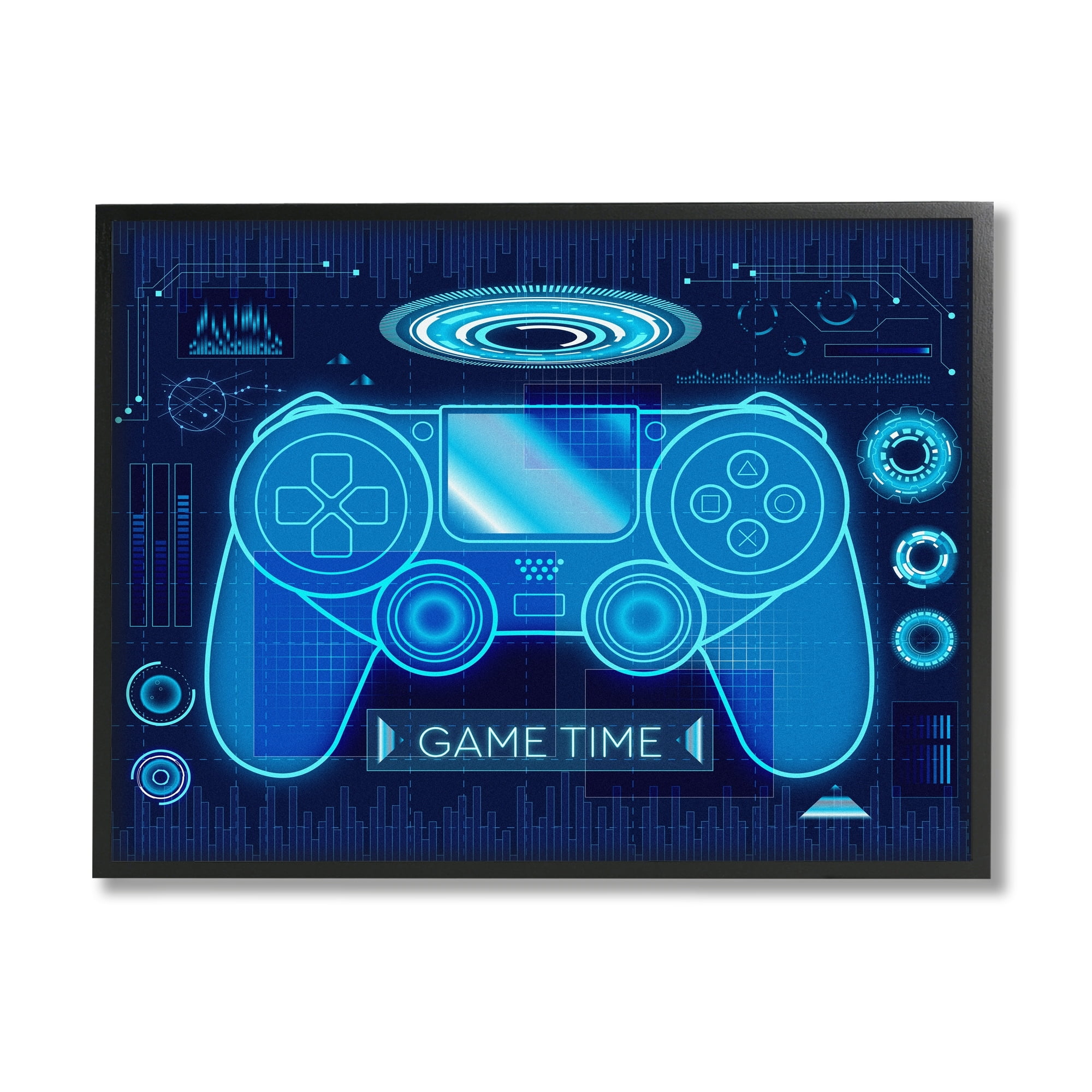 Stupell Industries Game Time Bold Blue Computer Theme Gaming Controller Graphic Art Black Framed Art Print Wall Art, 30x24, by Ziwei Li