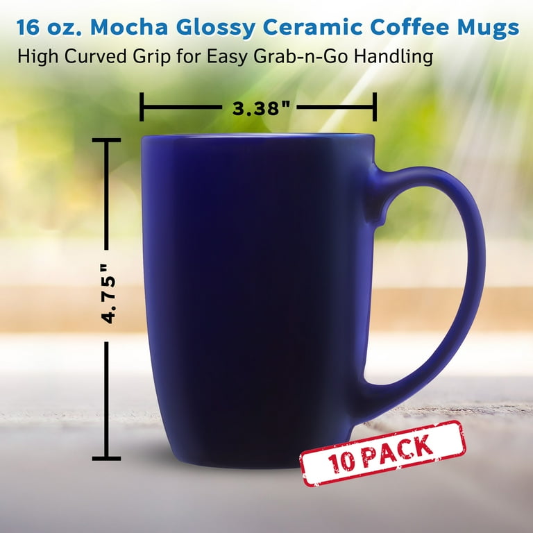 10 Large Mocha Glossy Ceramic Coffee Mugs Set, 16 oz. - Stoneware, Smooth,  Durable, C-handle - Blue - Walmart.com