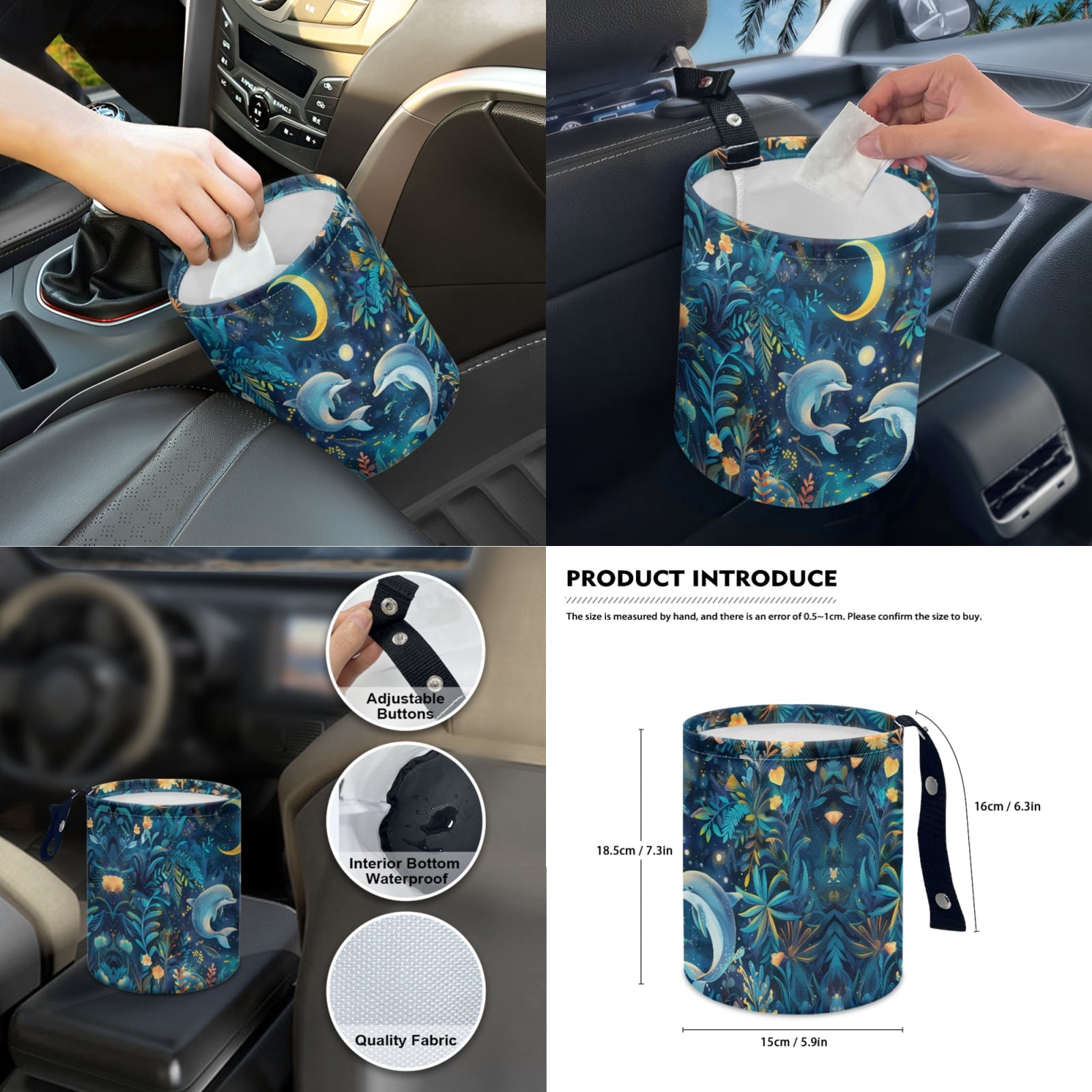 Jeiento Blue Dolphin Car Seat Cover Set with Auto Steering Wheel Cover Seat Belt Strap Protector Cup Holder Trash Bag Gear Shift Knob Cover Set Rear View Mirror Protector Floral Armrest Cover