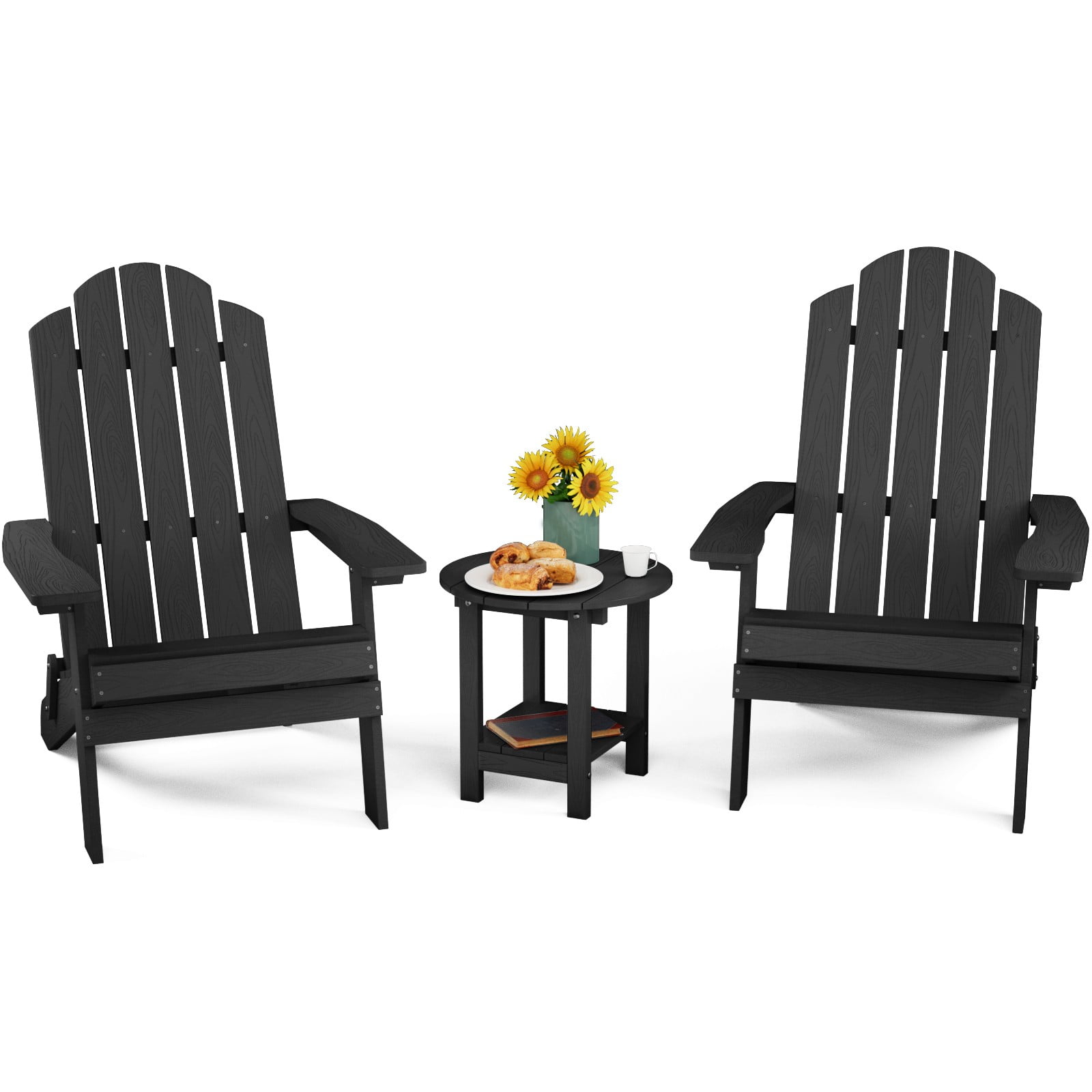 WINSOON Folding Adirondack Chair and Table Set 3 PCS Garden Outdoor Patio, Black Finish