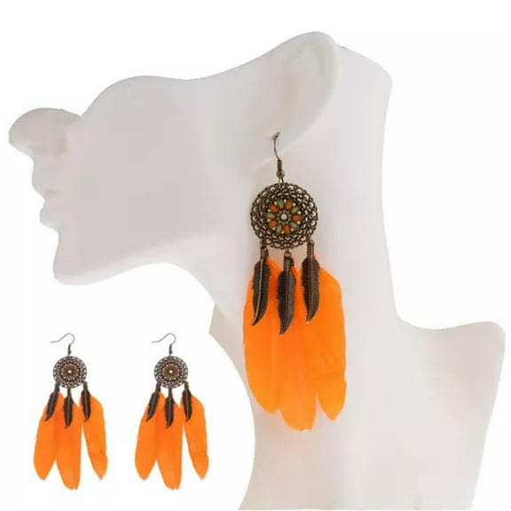 EOEMY Bohemian Boho Style Multi-Color Beads&Feathers Tassel Dangle Women Earrings-Orange