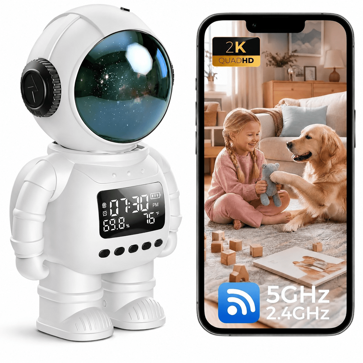 2K Indoor Astronaut Clock Robot Security Camera, 2.4G/5G WiFi Baby Monitor Pet Dog Camera with App, Long Battery Life, Two-Way Audio, Color Night Vision, PIR Motion Detection, Cloud & TF Card Storage
