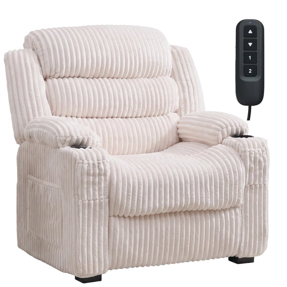 PYY Oversized Power Recliner Chair for Adults, 26" Extra-Wide Seat - 150° Electric Recline w/ Memory Remote - USB Charging, Quiet Motor, Lounge Accent Chair - Corduroy Beige
