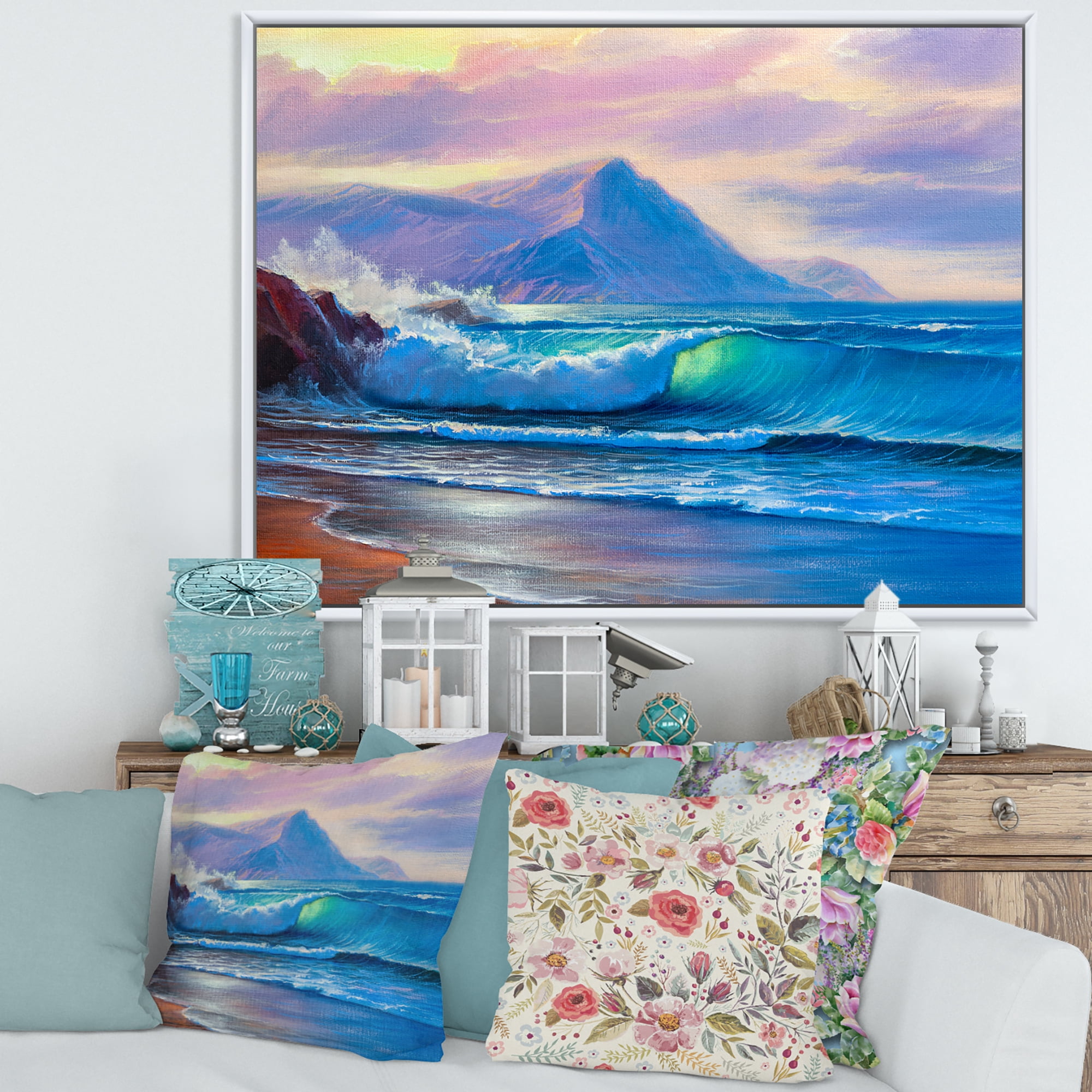 Designart 'Blue Waves Breaking At The Beach Landscape I' Nautical & Coastal Framed Canvas Wall Art Print