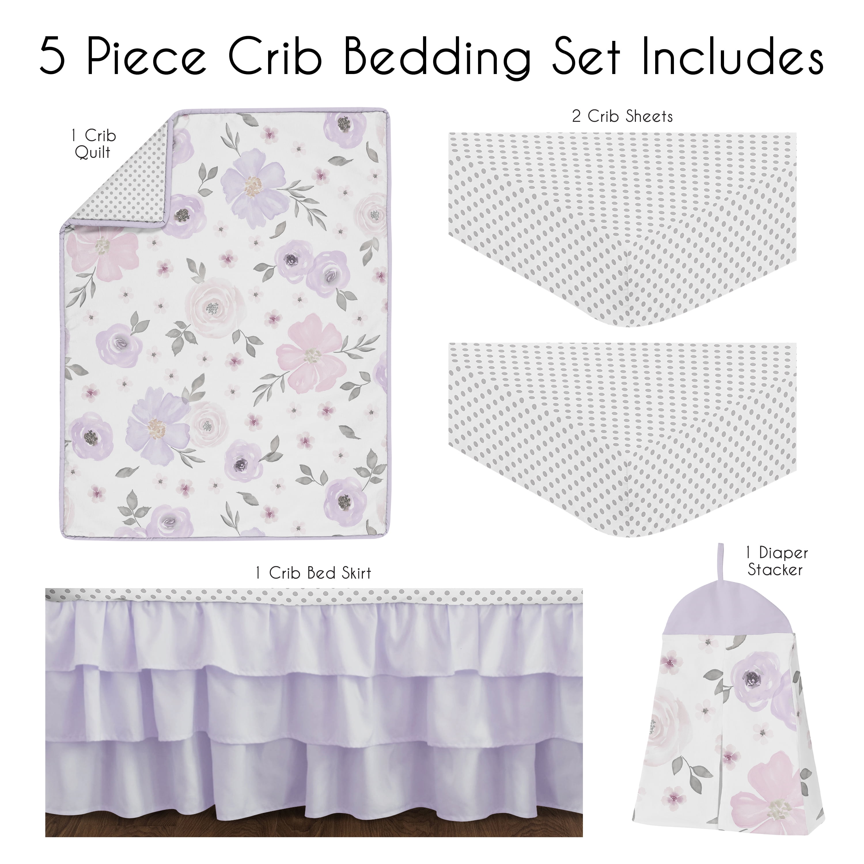 Sweet Jojo Designs Watercolor Floral Purple Pink Grey 5 Piece Crib Bedding Set