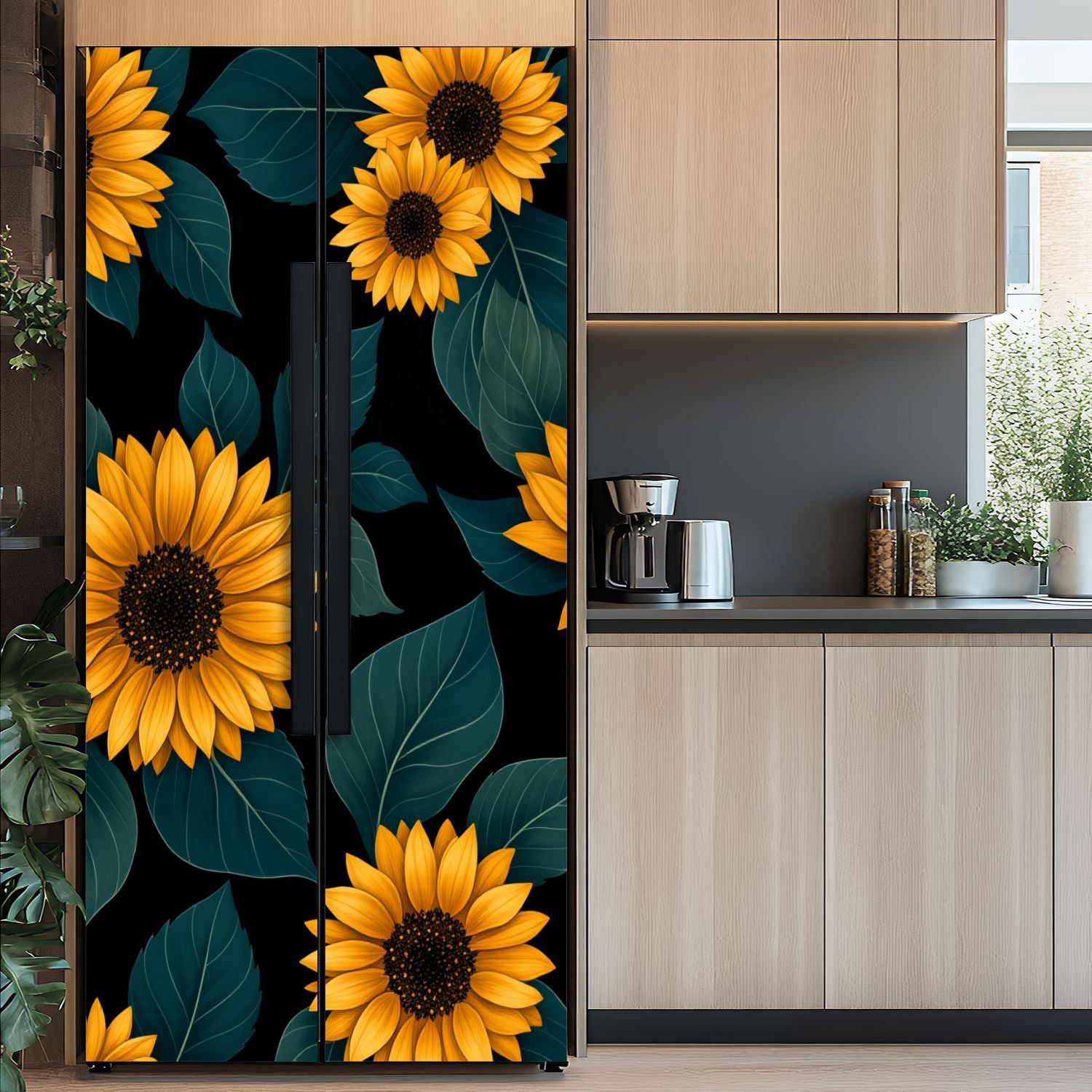 Self Adhesive Vinyl Refrigerator Wrap Set Vibrant Sunflowers Bold Yellow Petals Dark Green Leaves Door Mural Removable Fridge Sticker Peel and Stick&nbsp;Full Door Cover Decal Kitchen Bar Decor