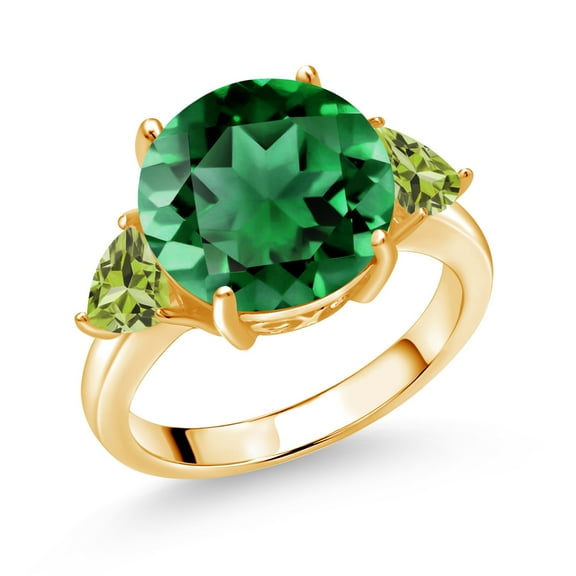 Gem Stone King 18K Yellow Gold Plated Silver Green Nano Emerald and Green Peridot 3-Stone Ring for Women (5.96 Cttw, Round 12MM, Trillion 5MM, Size 6)