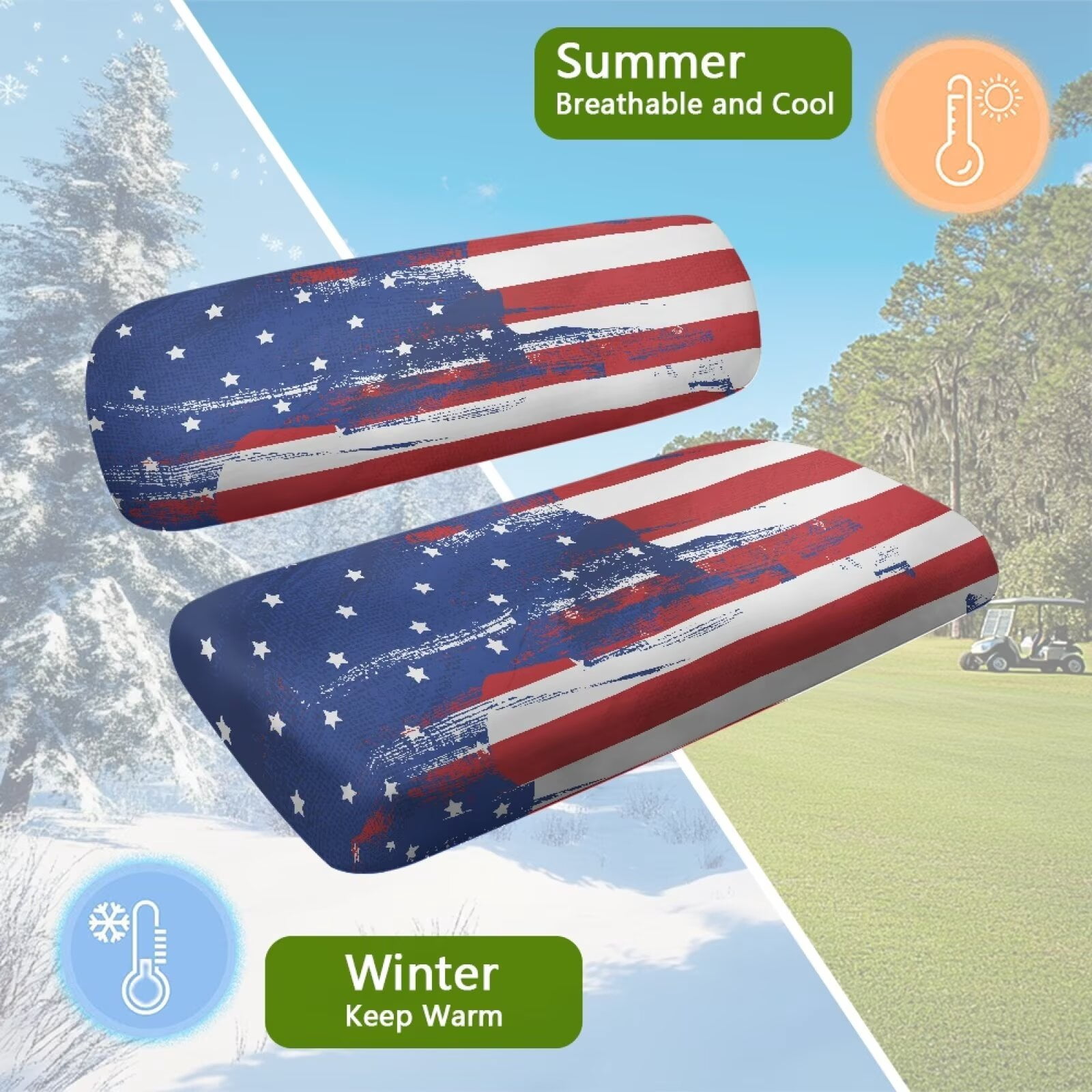 Pzuqiu Universal EZGO TXT Golf Cart Seat Covers Travel Sports Golf Cart Accessories Soft and Comfortable Keep Cool in Summer for 2-Person Seats Club Car, American Flag