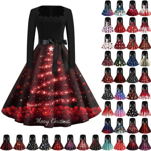 Christmas Dresses for Women Long Sleeve Flare Dress with Merry Christmas Print for Hollow Party Casual Square Collar Dresses,Deep Red,S