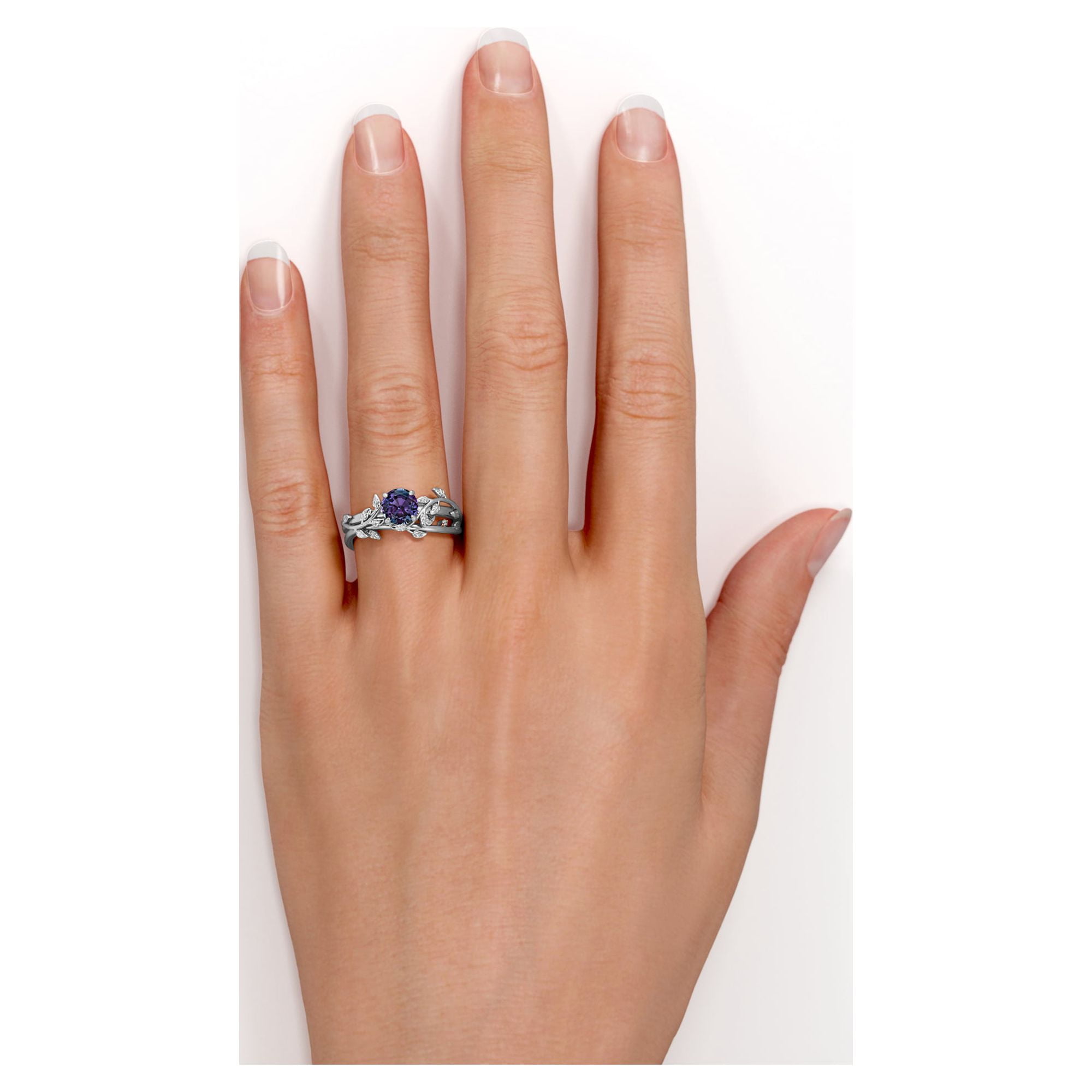 JeenMata 0.50 Carat - Round Cut Lab Created Alexandrite Ring Set - Leaf & Vine Wedding Ring Set - 18K White Gold Plating Over Silver