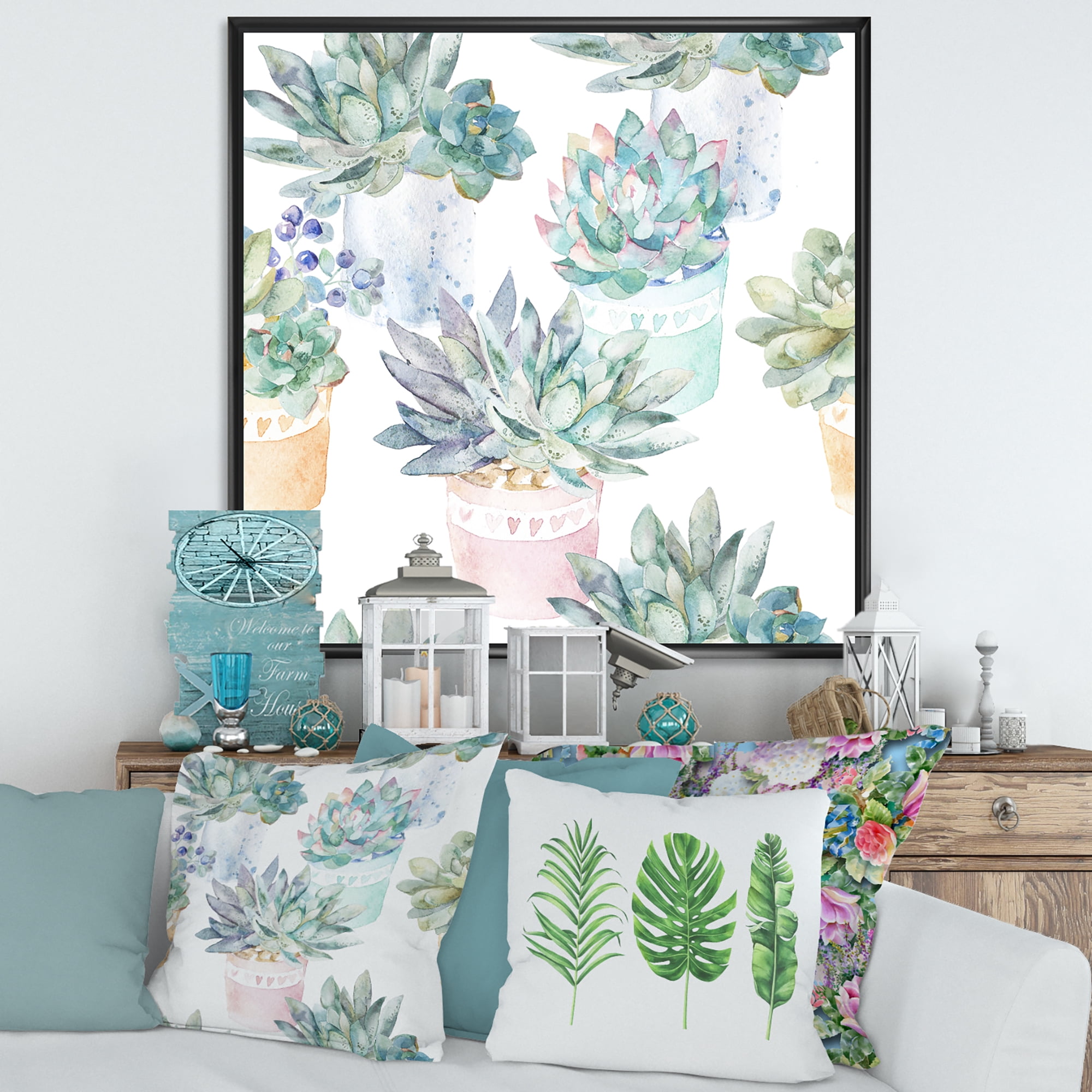 Designart 'Pastel Toned Succulent Housplants in Flowerpots' Traditional Framed Canvas Wall Art Print
