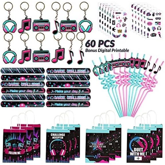 Music Party Favors Set Of 12 Treat Bag Straw Keychain Wristband Music Stickers for Boy Girl Teens Social Media Birthday Party Favors$$Home Decor, Kitchen, & Other