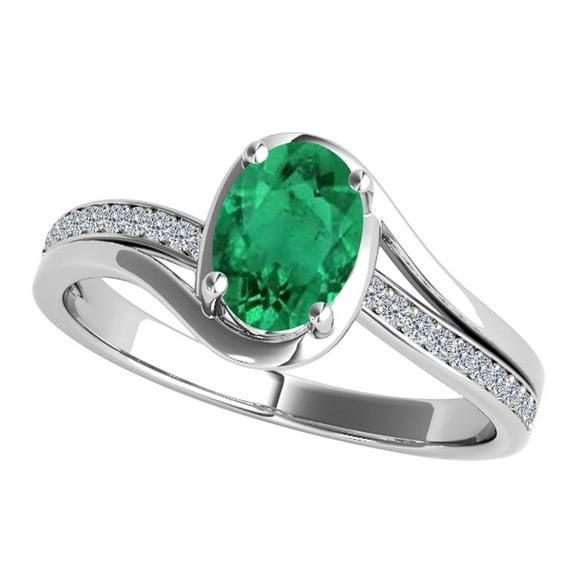Mauli Jewels Engagement Rings for Women 0.95 Carat Oval Shape Emerald & Round White Diamond Gemstone Ring Prong-Setting 14K White Gold