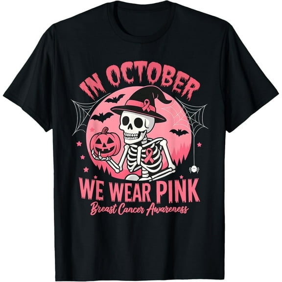 in October We Wear Pink Breast Cancer Skeleton Halloween T-Shirt