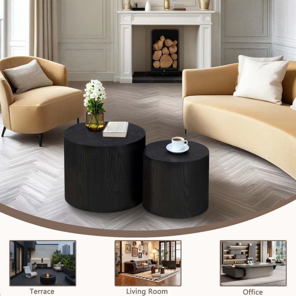 Nesting Coffee Table Set of 2, Modern Round Wood Side Tables with Non-Slip Feet, Small End Tables for Living Room, Bedroom, Office, Balcony, Small Spaces, Matte Black