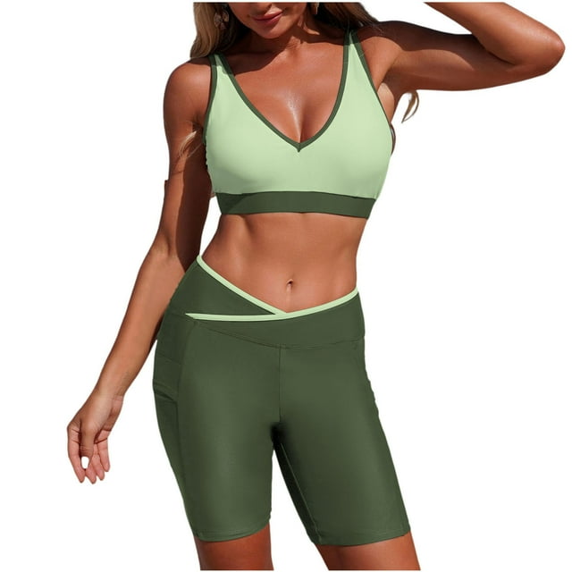 FRSASU Color Block Tankini Swimsuits for Women with Side Pockets Sporty Swim Shorts Two Piece Bathing Suits Green L(L)