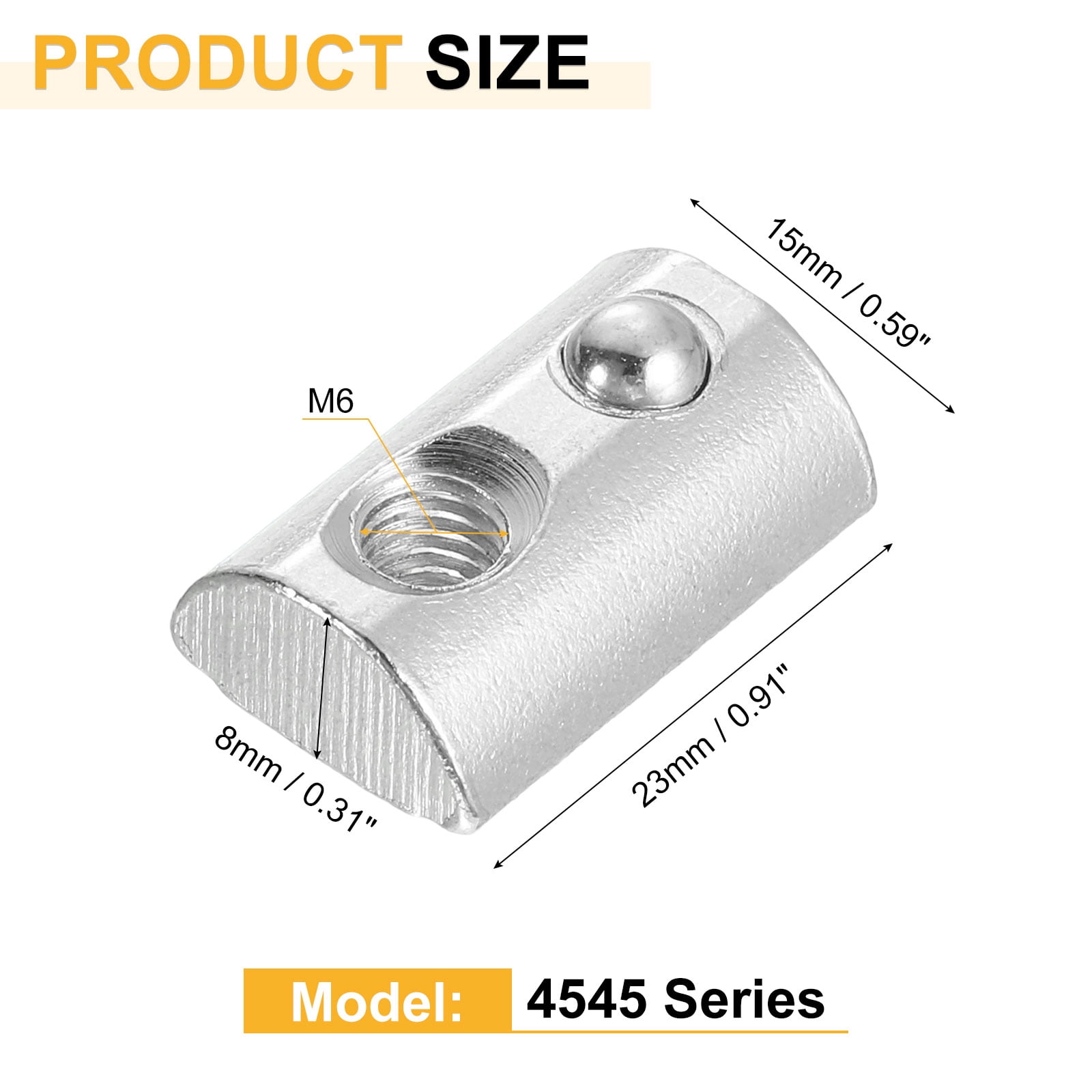 Uxcell M6 T Spring Nut, 50 Pack 4545 Series Half Round Roll in Spring Nut, Carbon Steel Nickel Plated Roll Ball Elastic Nut with Slot 10mm for 4545 Series Aluminum Extrusion Profile
