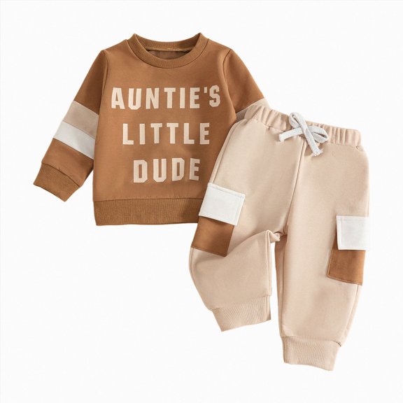 larppty Aunties Little Dude Baby Outfit Toddler Boy Long Sleeve Letter Sweatshirt Top and Pants Set Infant Fall Winter Clothes(0-6 Months,Coffee)