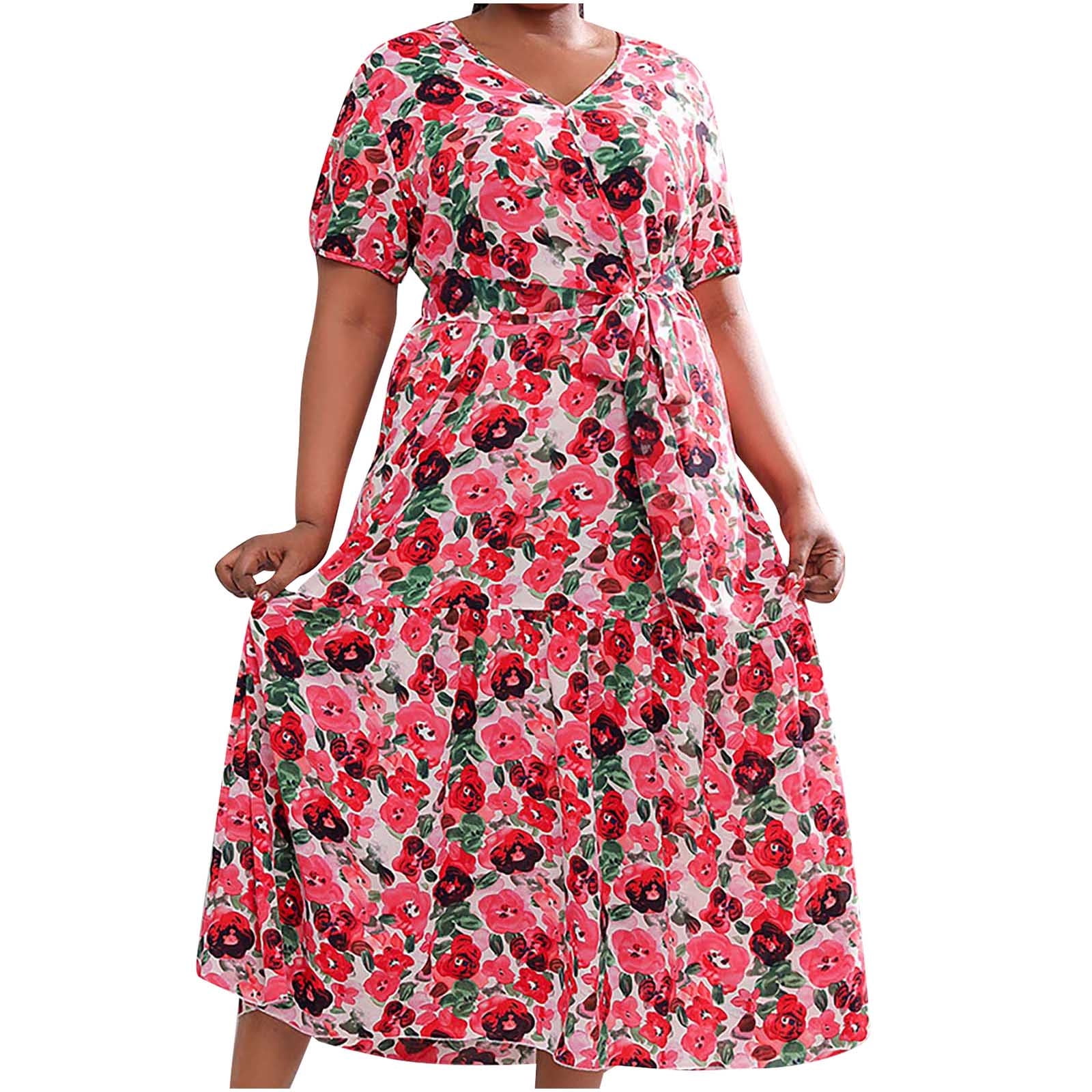 Bigersell Womens Maxi Dresses Women's Summer Print Dress V-Neck Short ...
