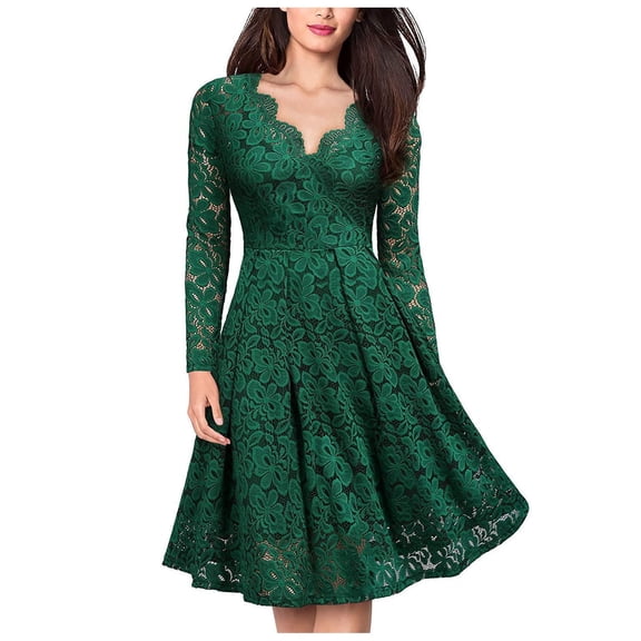 Long Fashion V-Neck Lace Slim Women's Casual Dress Knee Length Solid Sleeve Elegant Comfortable Flowy