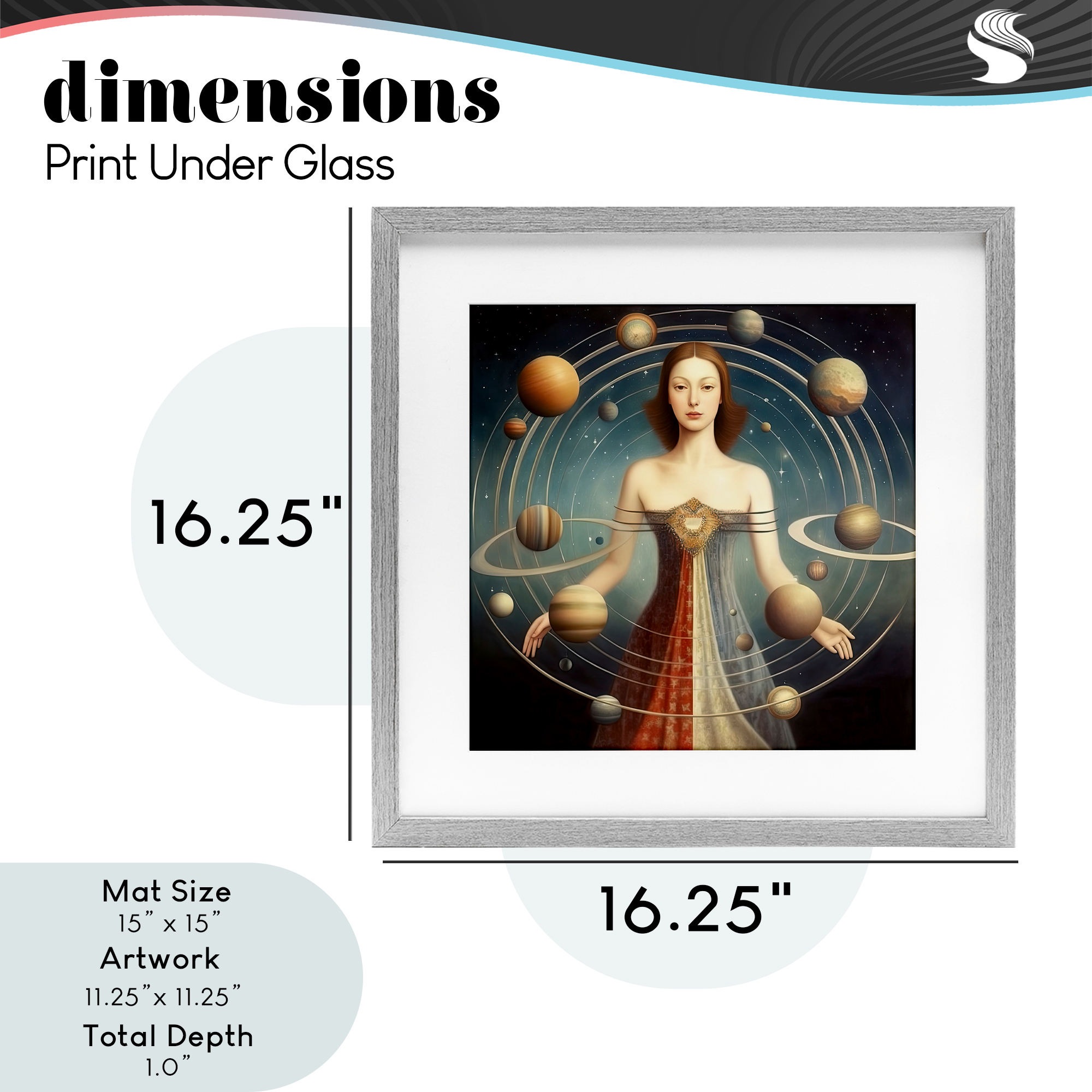 Galactic Orbits Woman Gray Framed Print Under Glass, design by Sasha