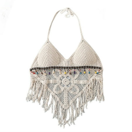 

YUUZONE Womens Summer Hollow-Out Crochet Halter Bras Embroidery Tassel Camis Bralette