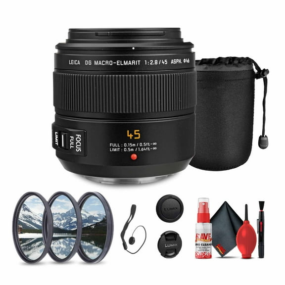 Panasonic Leica DG Macro-Elmarit 45mm f/2.8 Lens (H-ES045) Bundle Including: 3-Piece Filter Kit, Lens Caps, Lens Pouch, Cap Keeper, Full Cleaning Kit