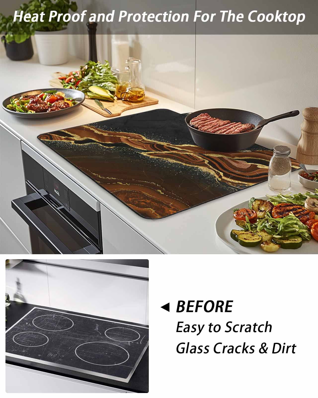 Stove Top Covers for Electric Stove, Brown Marble Glass Stovetop Cover Protector, Gold Abstract Vintage Modern Ombre Art Induction Cooktop Protector Oven Mat for Kitchen Countertop 24"x21"