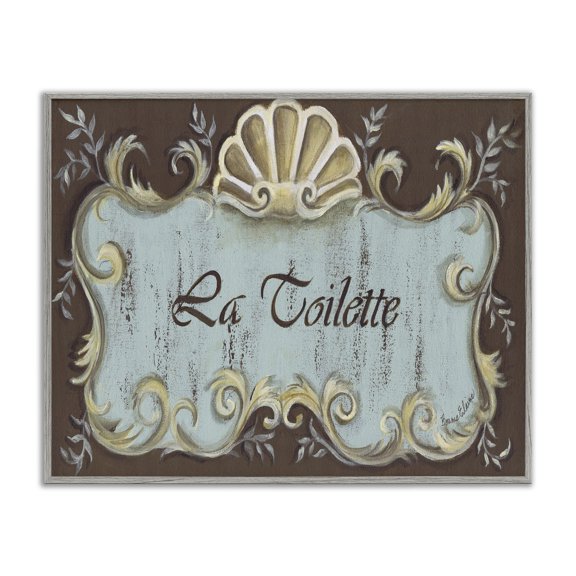 Stupell Industries French Country La Toilette Aqua and Brown Scallop Shell Crest Gray Framed Giclee Art, 20 x 16, by Bonnie Wrublesky