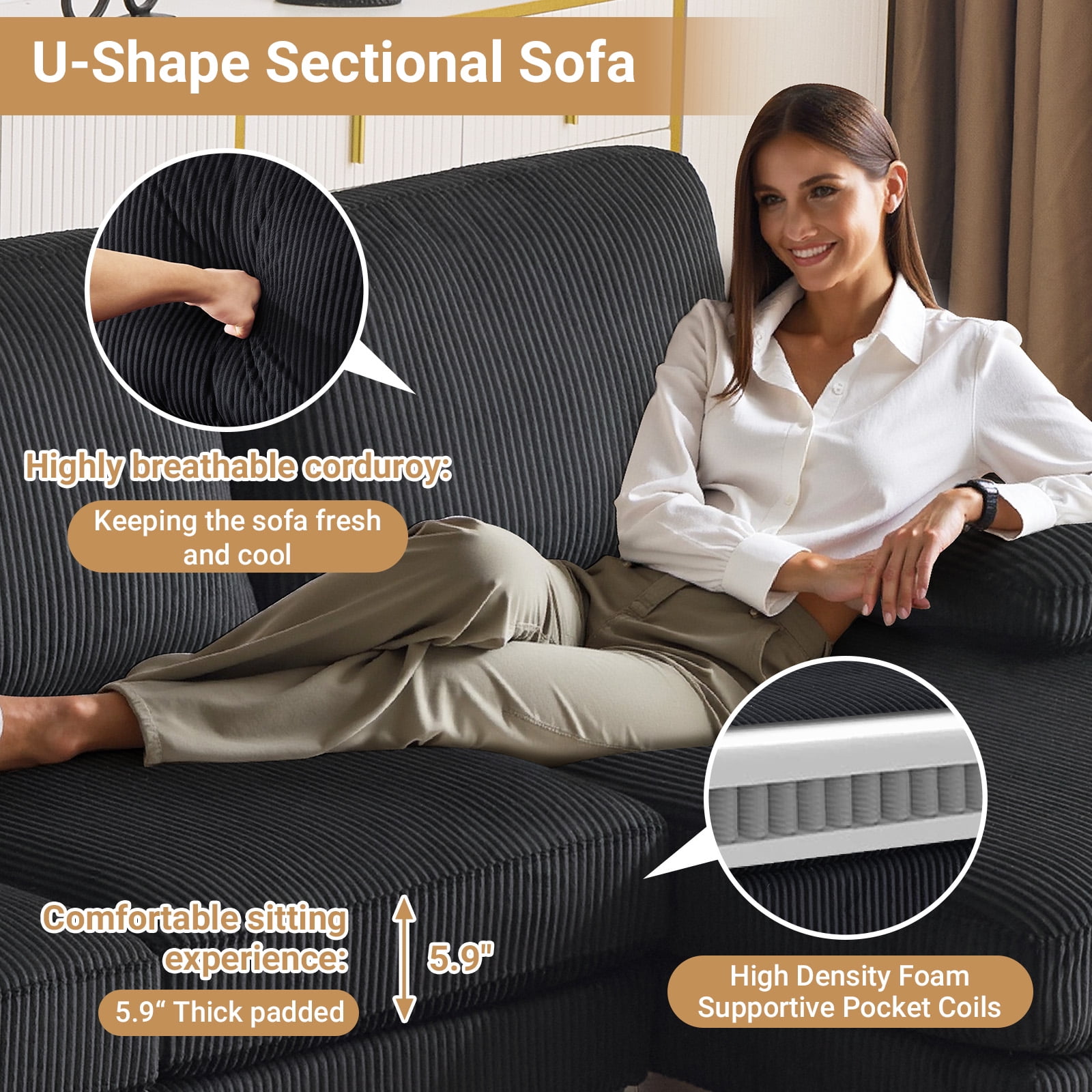 Ktaxon U-Shaped Sectional Sofa, 111 Inch Corduroy Couch, 4 Seats