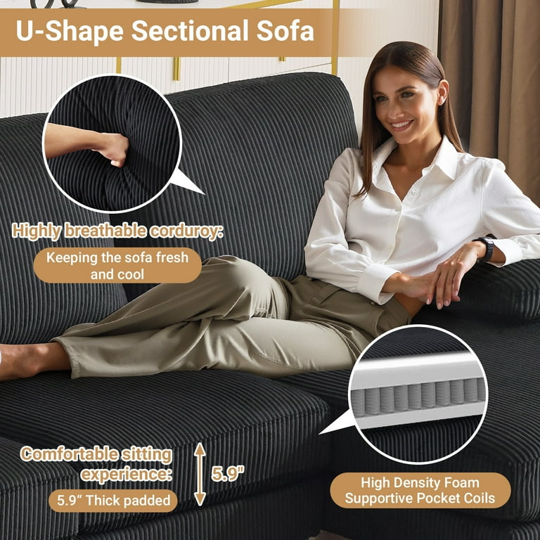 Ktaxon U-Shaped Sectional Sofa, 111 Inch Corduroy Couch, 4 Seats
