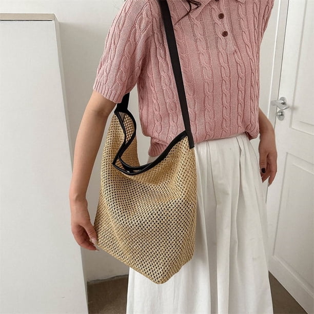 Bolso de paja de verano para mujer, Bolso tejido, Bolso de mano de malla, Bolso de hombro Vintage (negro)