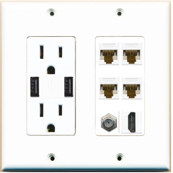 Ultra Spec Cables 4 Port Cat6 Ethernet Coax 1 HDMI Wall Plate w/2 USB Charger Power Outlet