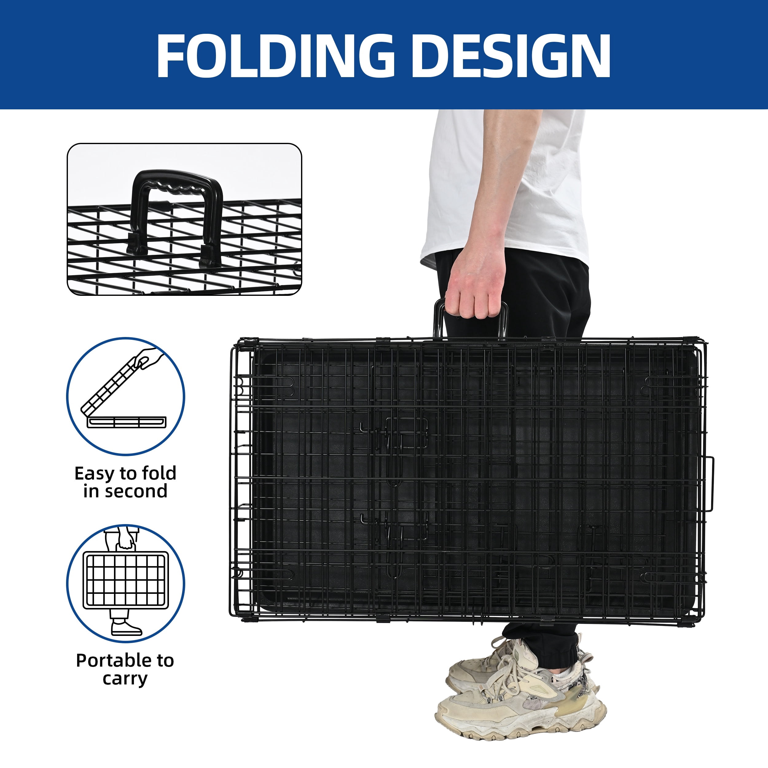ABC Pet Folding Metal Dog Crate, Durable Double-Door Wire Pet Kennel with Leak-Proof Tray,42.5x28x30inch