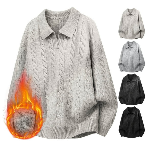 Xcmzpl Cable Knit Sweater Men Johnny Collar Oversized Sweaters Long Sleeve Drop Shoulder Pullover Sweaters Solid Fall Sweater Tops