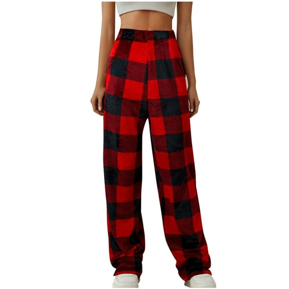 Zkozptok Fuzzy Pants For Women Winter Warm Fleece Loungewear Plaid Pajama Pants Women Casual Loose Plaid Pants
