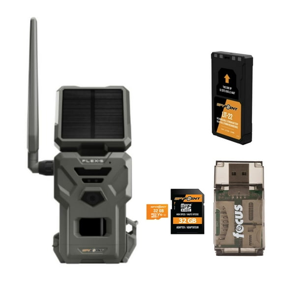Spypoint FLEX-S 36 Megapixel Trail Camera with 100-Feet Flash and Detection Range Bundle with Spypoint Lit-22 Rechargeable Battery Pack, MicroSD 32GB Memory Card, and Reader and Writer (4 Items)