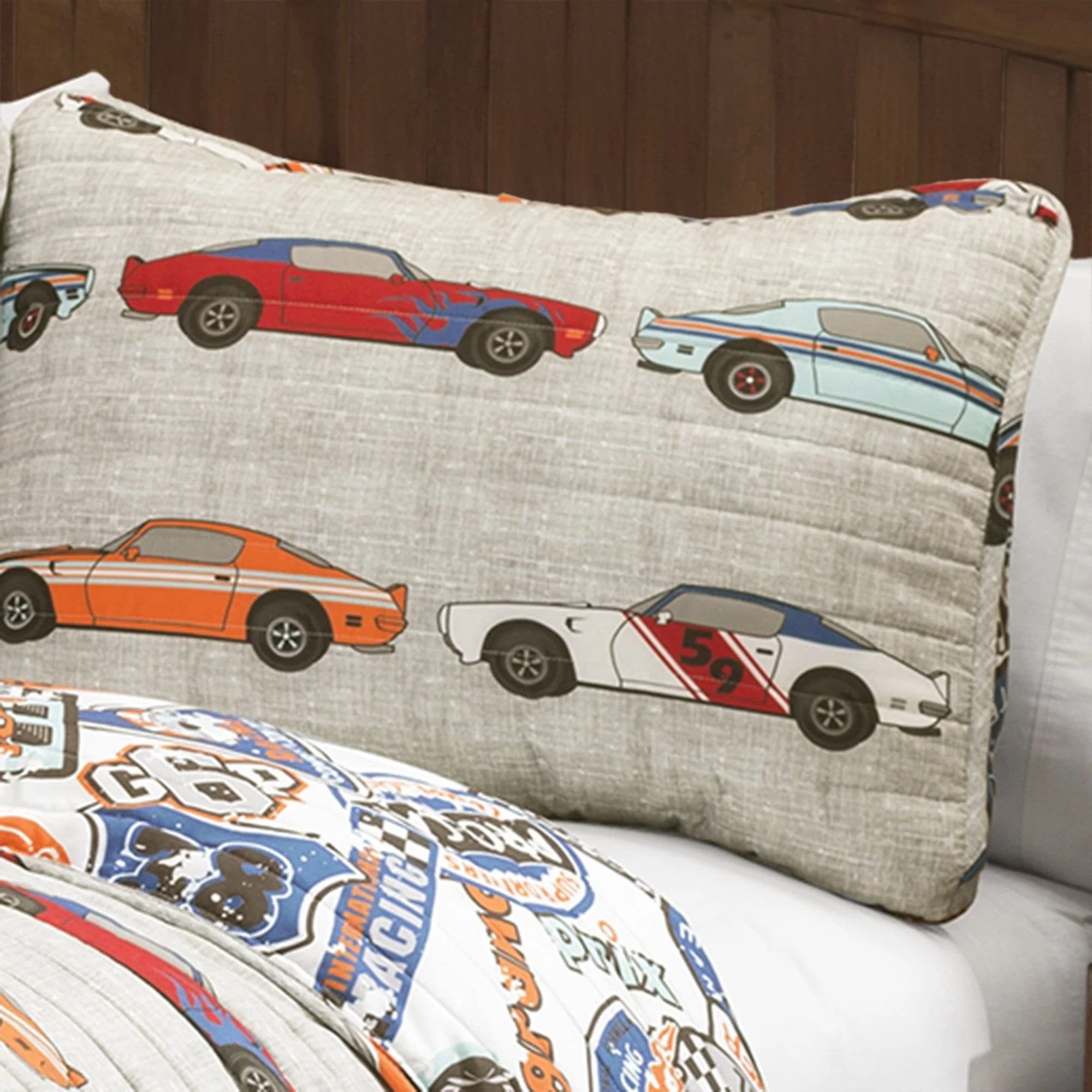 Lush Decor Race Cars Kids Polyester Reversible Quilt, Full/Queen, Blue/Orange, 3-Pc Set