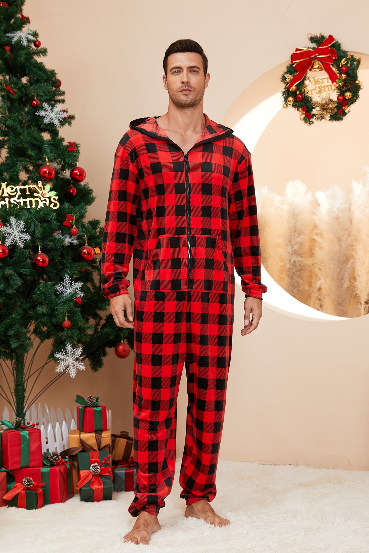 U2SKIIN Pajamas for Men Onesie, Zipper Matching Jumpsuit for Couples Ultra Soft Plaid Hooded Pjs Set,(Buffalo Plaid-Red,S)