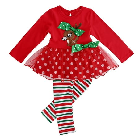 2PCS Baby Kid Girls Christmas Outfits Long Sleeve Reindeer Tutu Dress With Stripes Pant Clothing Set 3-4 Year
