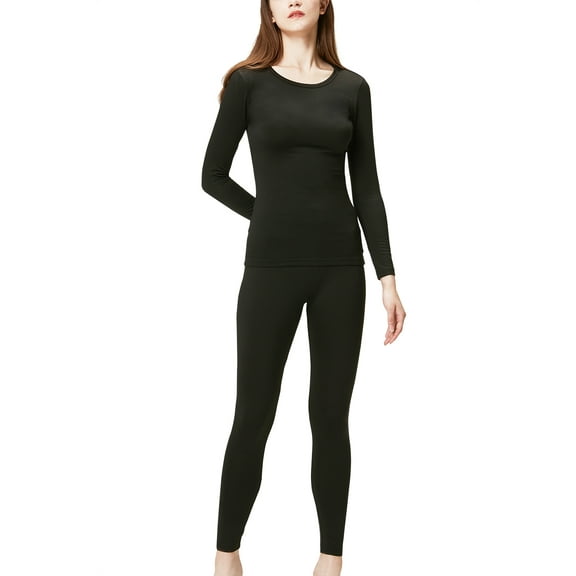 DEVOPS Women's Thermal Underwear Long Johns Top & Bottom Set (Large, Black)