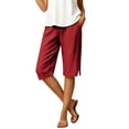 thumbnail image 5 of Bermuda Shorts for Women Petite Cotton Linen Knee Length High Waisted Pull On Baggy Shorts with Pockets Summer Casual Lounge Side Split Pants Red XL, 5 of 5