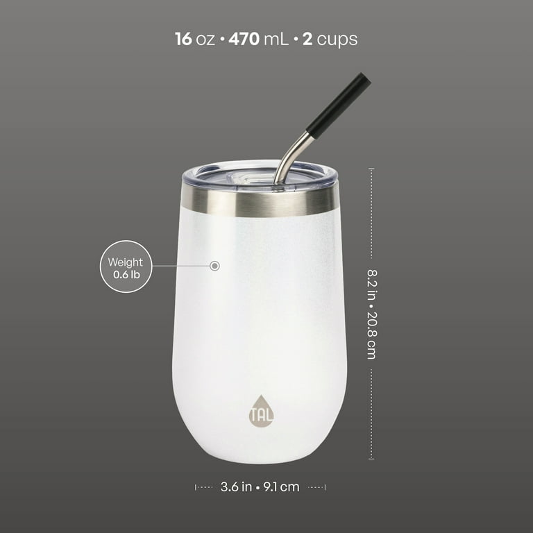 TAL 16oz Stainless Steel Wine Tumbler with Straw, White